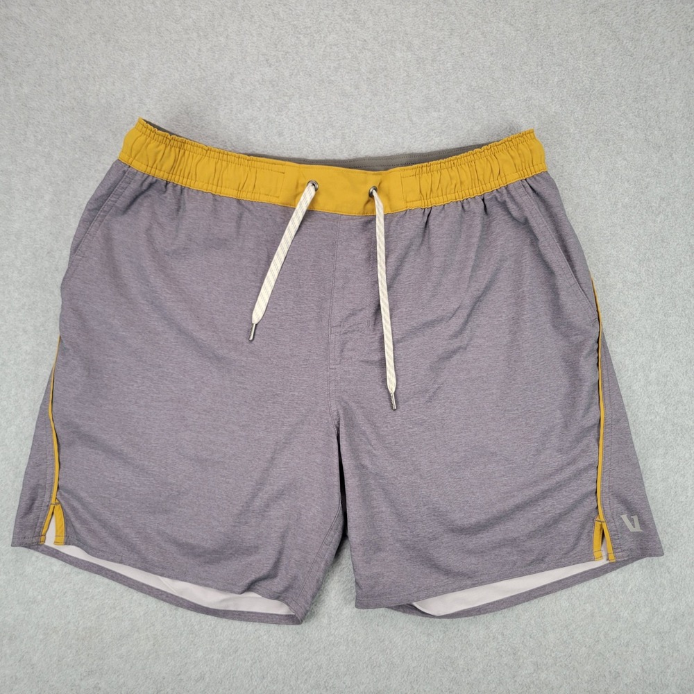 Vuori Trail 2.0 Athletic Shorts Mens Large Grey Yellow Stretch Lined Zip Pocket